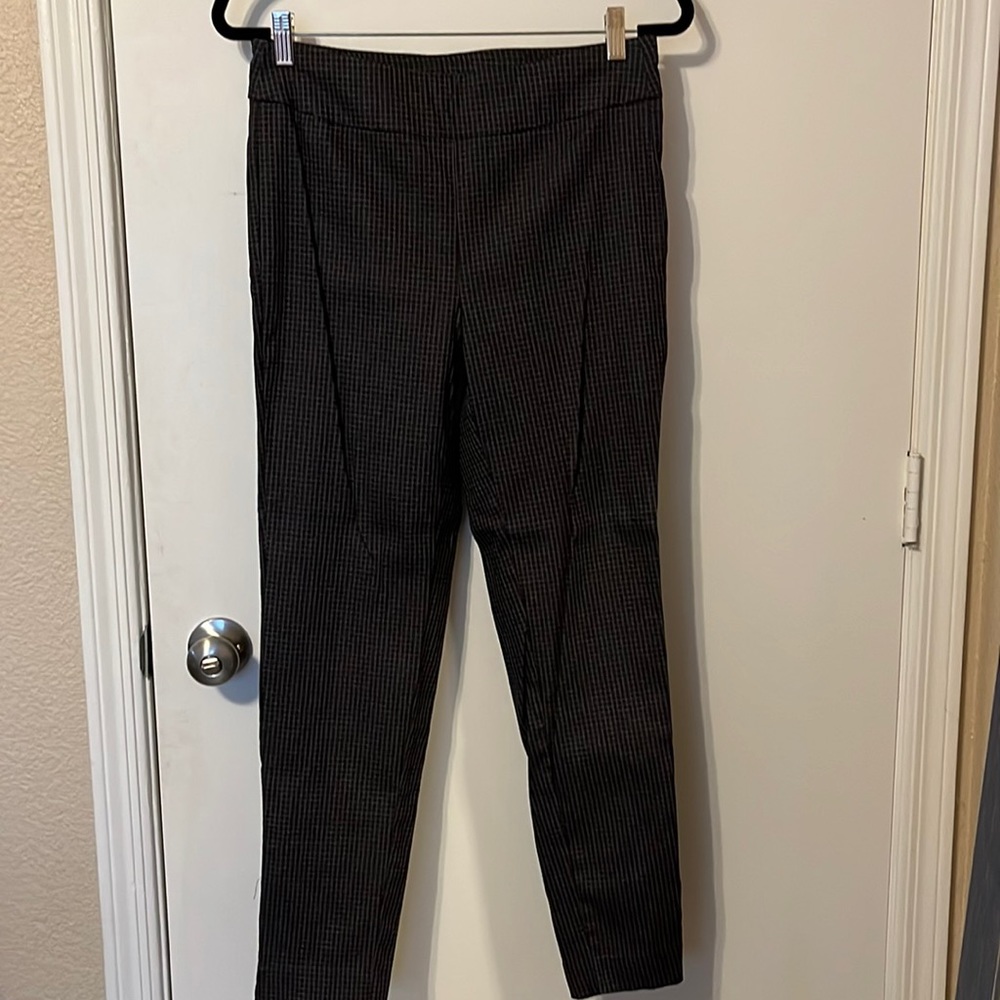 Straight fit stretchy dress pants, lightly used, size medium. Black with grey